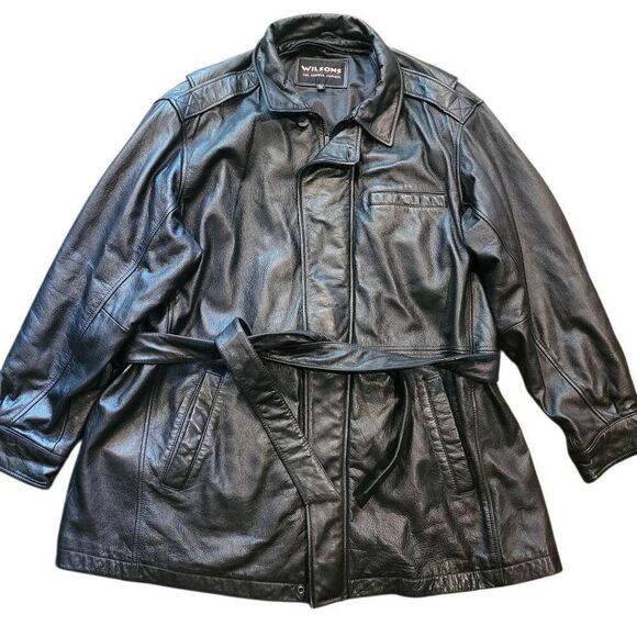 Wilson's Coat Men's 2X Black Leather Belted Trench Classic Moto - Picture 1 of 7